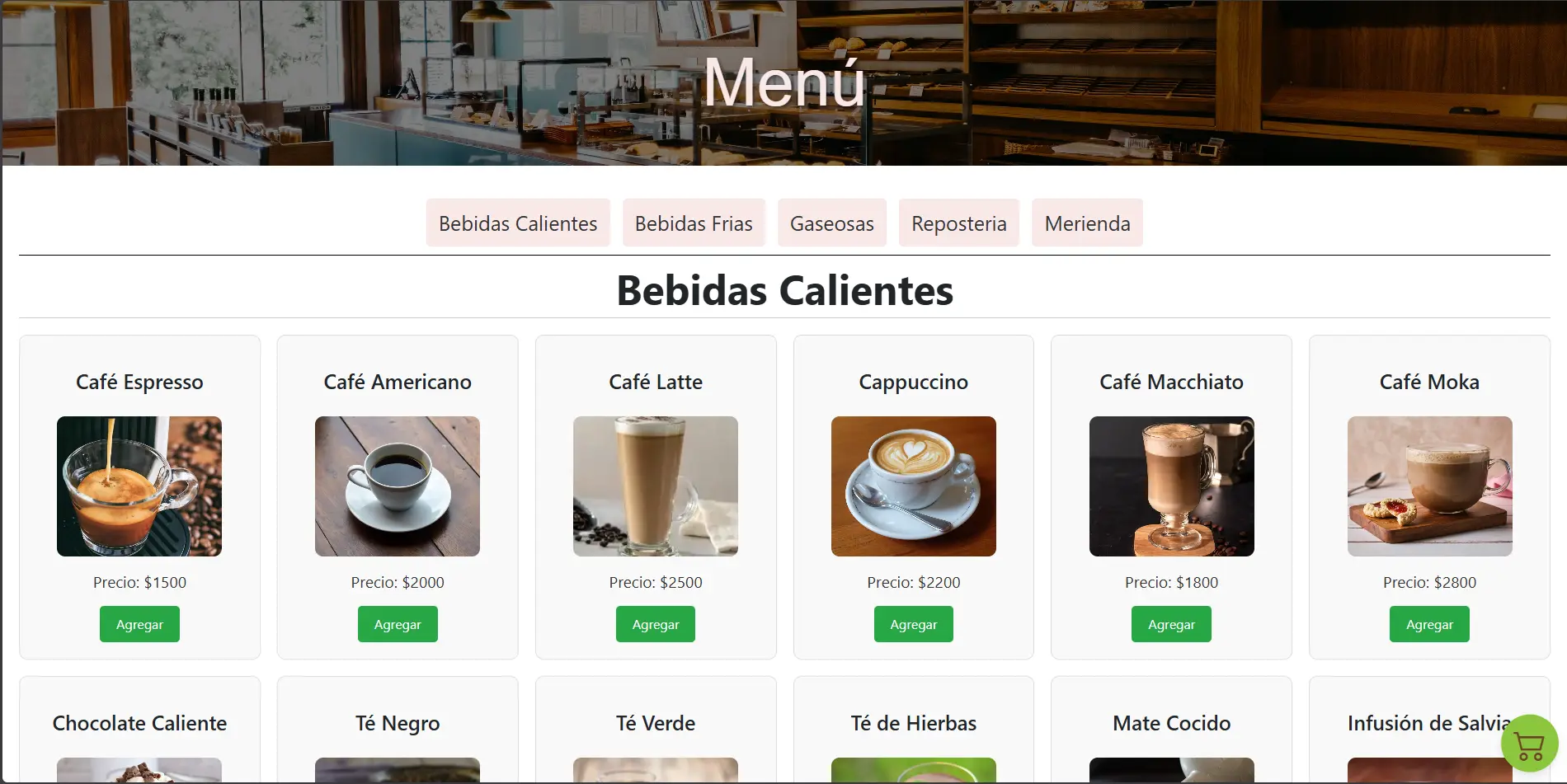 Página web de menú online con carrito de compras, hecha por BrianTecno
